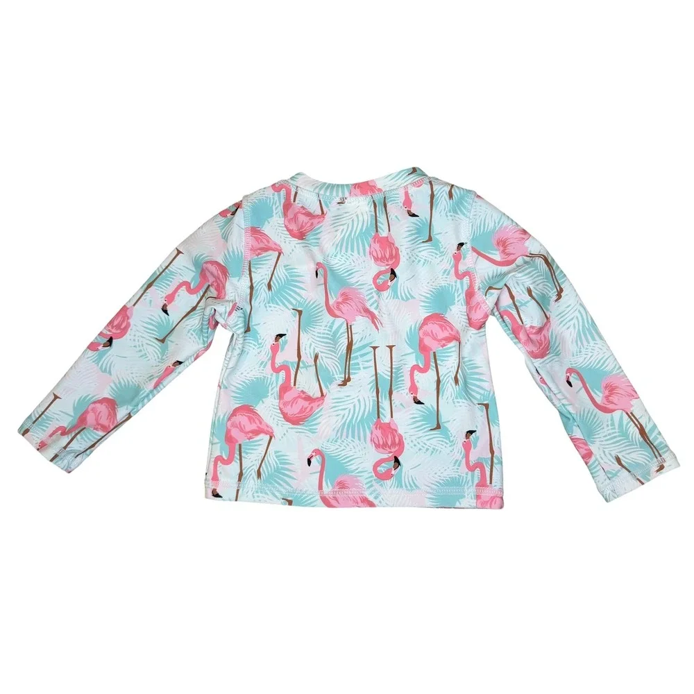 RuffleButts Girls Flamingo Long Sleeve Rash Guard‎ Swim Top UPF 50+ 18-24M NWT